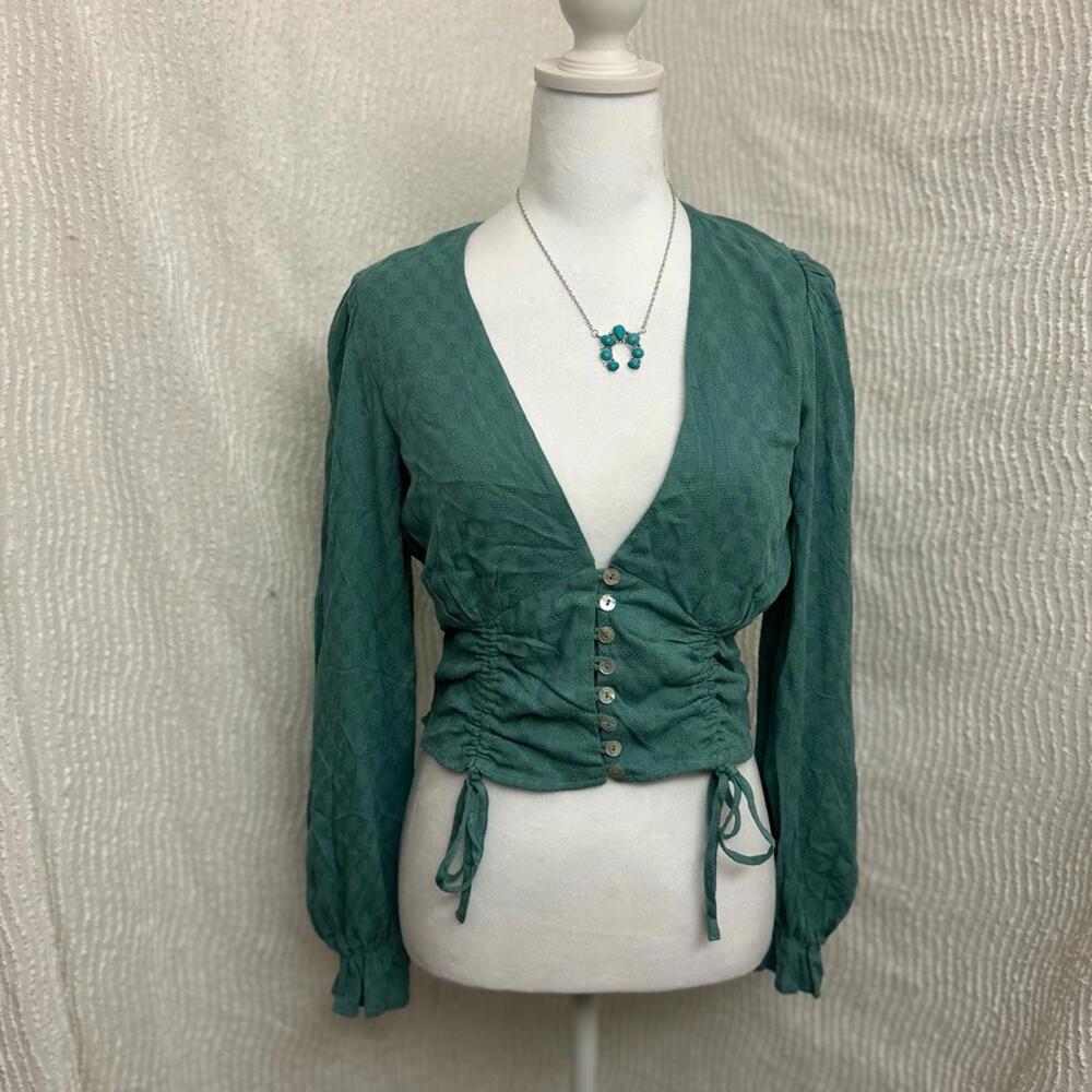 Boho Peasant Green Teal Top Size Medium Shell Buttons Long Sleeve Chic Happens